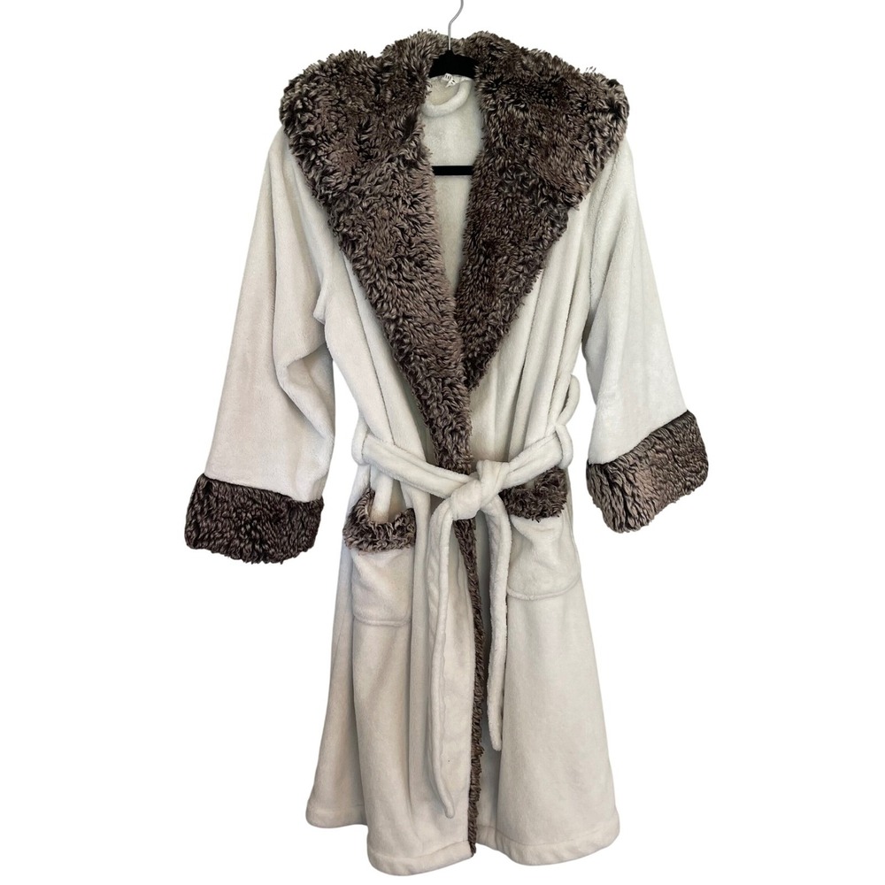 Pottery Barn White Faux Fur Trim Hooded Robe Small Plush Fleece Loungewear Brown